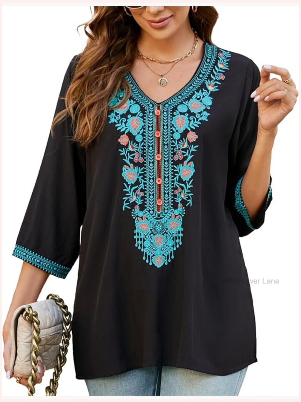 Plus Size Embroidered Peasant Tunic 3/4 Sleeve V Neck Flowy Boho Blouse